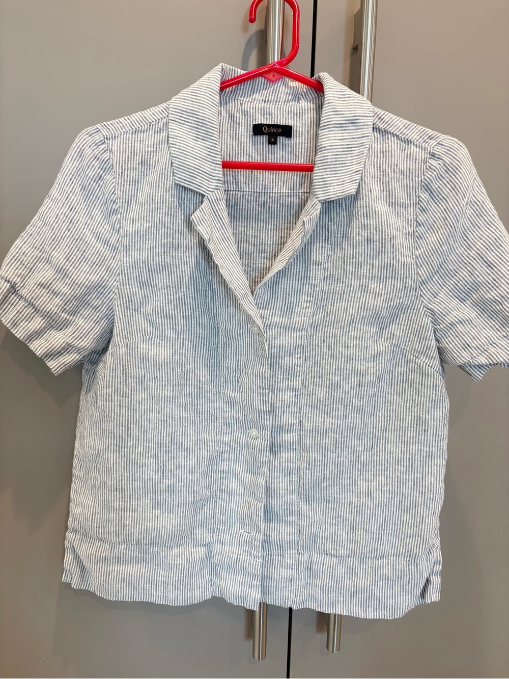 Quince 100% European Linen Blue Pinstripe Short Sleeve Button Up Shirt - small
